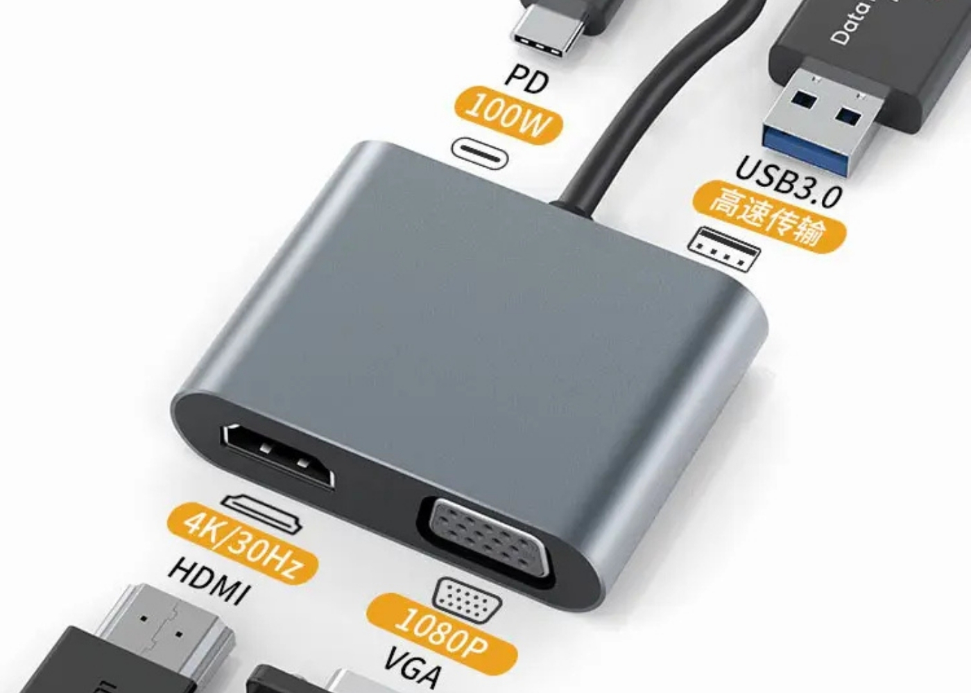 Bilişim Burada PL-5565 4 in 1 Type C to, PD+HDMI+VGA+USB3-0 Çevirici Hub Adaptör Çevirici